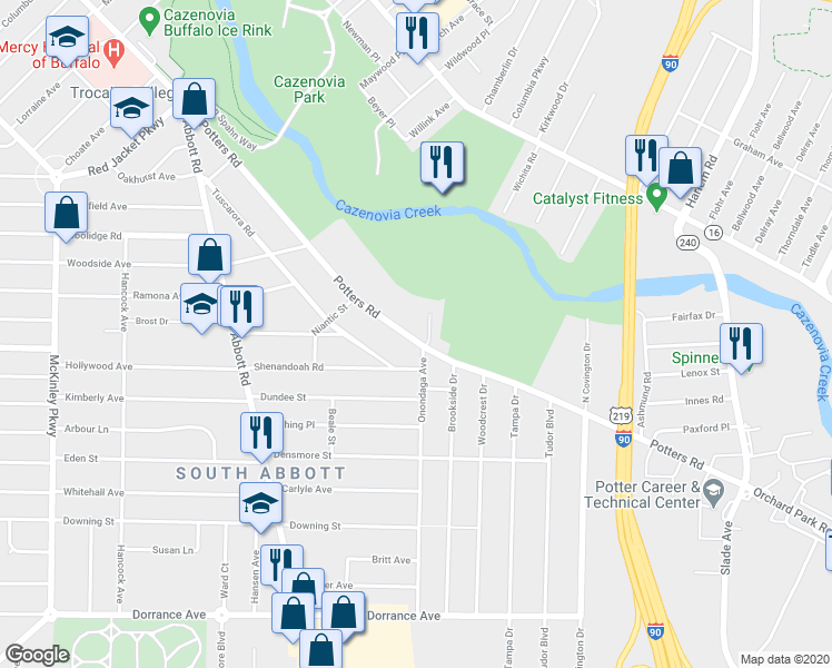 map of restaurants, bars, coffee shops, grocery stores, and more near 336 Potters Road in Buffalo