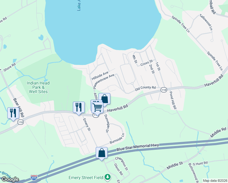 map of restaurants, bars, coffee shops, grocery stores, and more near 7 Whittier Avenue in Merrimac