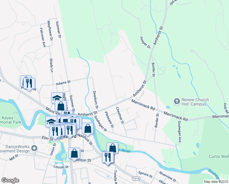 map of restaurants, bars, coffee shops, grocery stores, and more near 16 North Street in Milford
