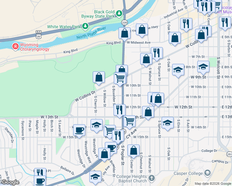 map of restaurants, bars, coffee shops, grocery stores, and more near 1059 South Boxelder Street in Casper