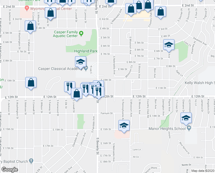 map of restaurants, bars, coffee shops, grocery stores, and more near 1041 South Wisconsin Avenue in Casper