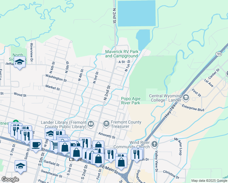 map of restaurants, bars, coffee shops, grocery stores, and more near 178 Washington Street in Lander