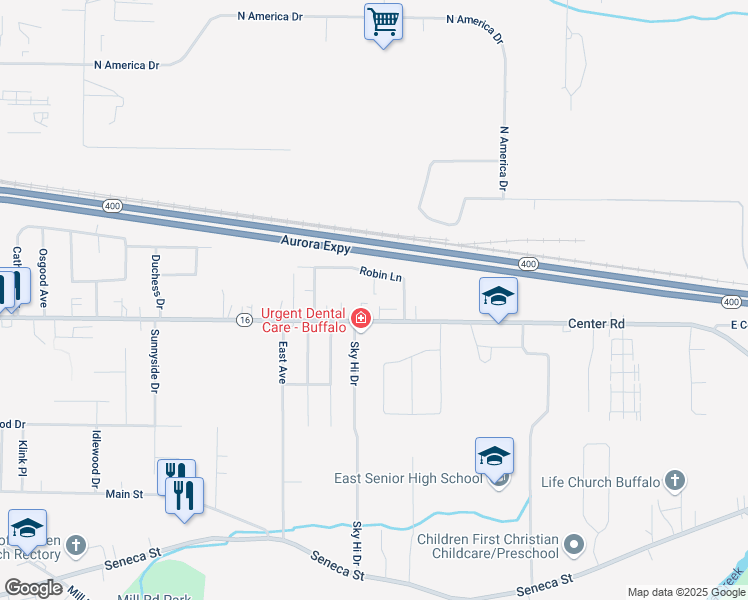 map of restaurants, bars, coffee shops, grocery stores, and more near 1280 Center Road in Buffalo