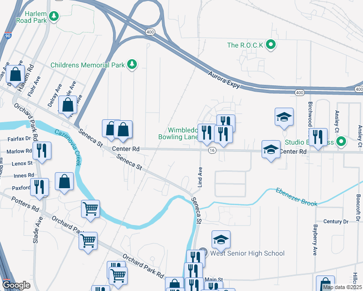 map of restaurants, bars, coffee shops, grocery stores, and more near 190 Center Road in West Seneca