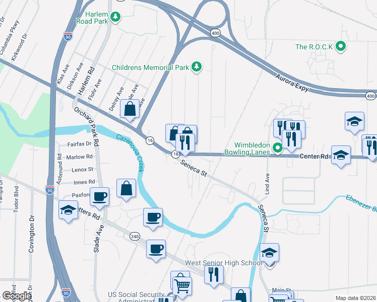 map of restaurants, bars, coffee shops, grocery stores, and more near in West Seneca