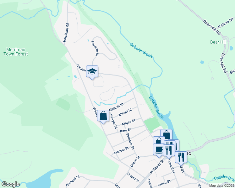 map of restaurants, bars, coffee shops, grocery stores, and more near 2 Willowdale Drive in Merrimac