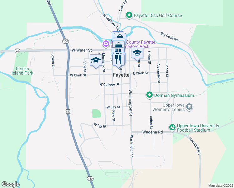 map of restaurants, bars, coffee shops, grocery stores, and more near 153 West Madison Street in Fayette