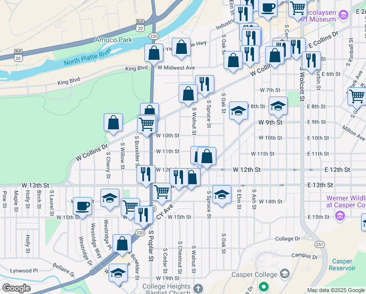 map of restaurants, bars, coffee shops, grocery stores, and more near 1039 South Chestnut Street in Casper
