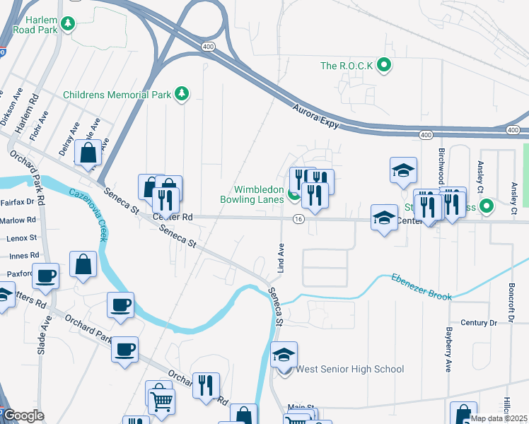 map of restaurants, bars, coffee shops, grocery stores, and more near 190 Center Road in West Seneca