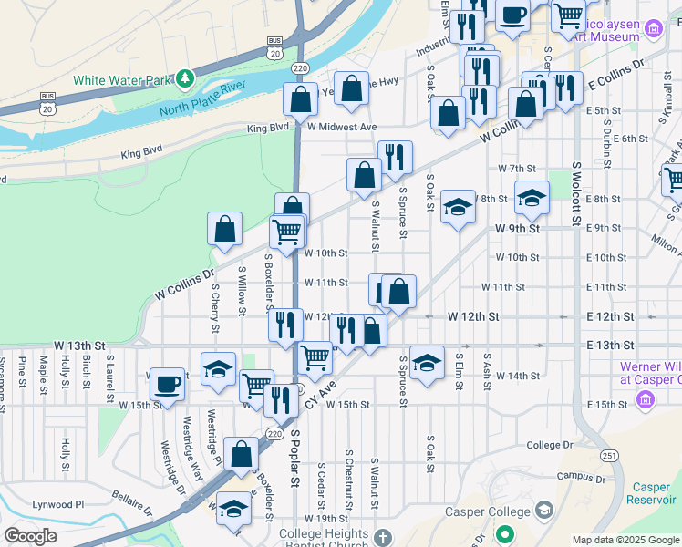 map of restaurants, bars, coffee shops, grocery stores, and more near 1036 South Chestnut Street in Casper
