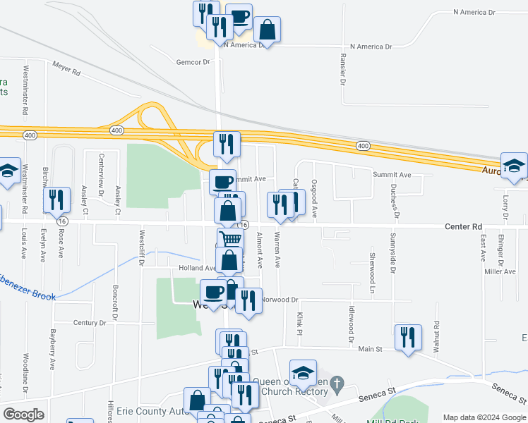 map of restaurants, bars, coffee shops, grocery stores, and more near 143 Almont Avenue in Buffalo