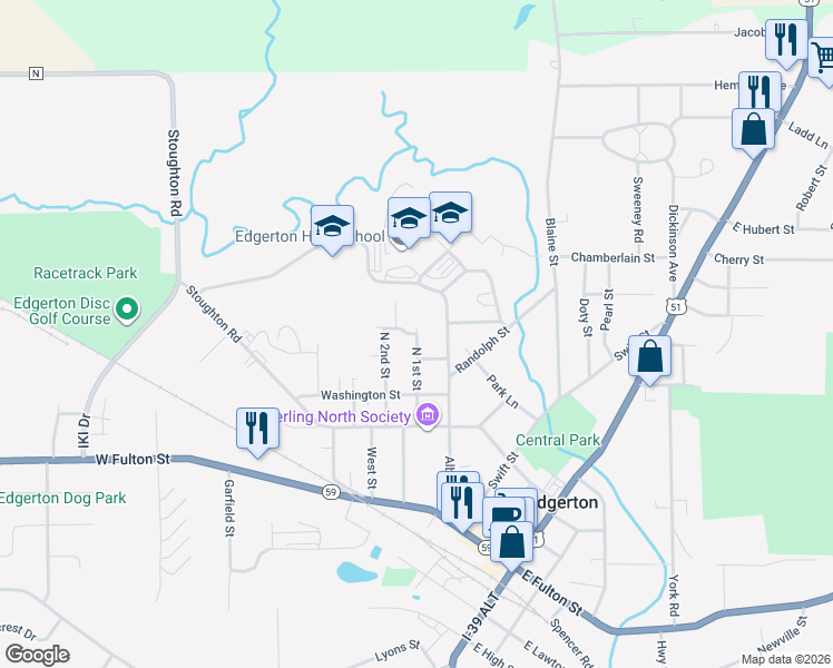 map of restaurants, bars, coffee shops, grocery stores, and more near 407 N 1st St in Edgerton