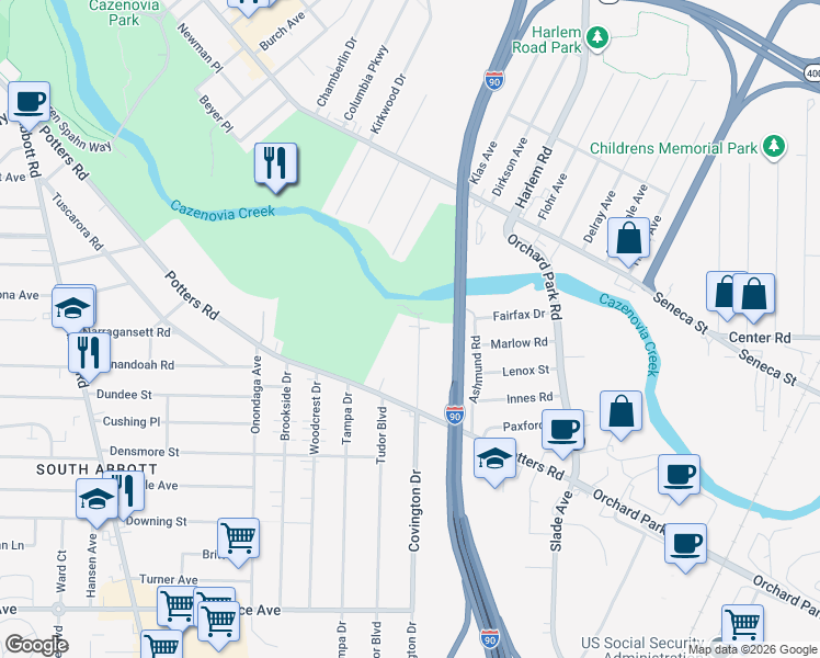 map of restaurants, bars, coffee shops, grocery stores, and more near 82 North Covington Drive in Buffalo