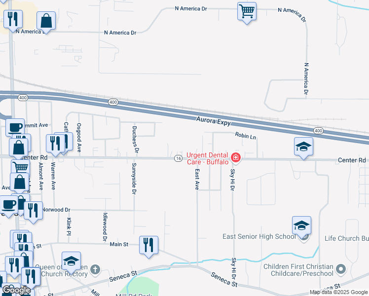 map of restaurants, bars, coffee shops, grocery stores, and more near 1160 Center Road in Buffalo