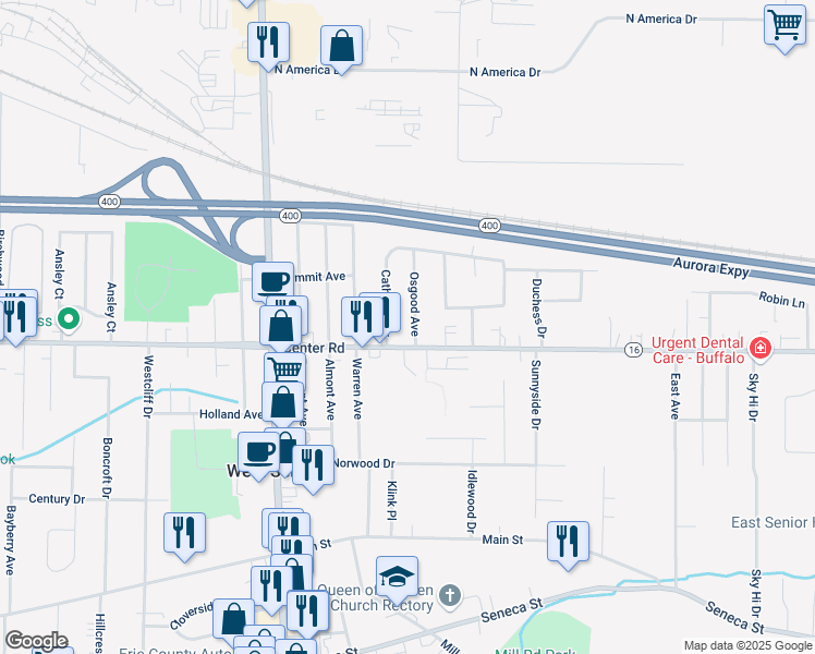 map of restaurants, bars, coffee shops, grocery stores, and more near 4 Osgood Avenue in West Seneca