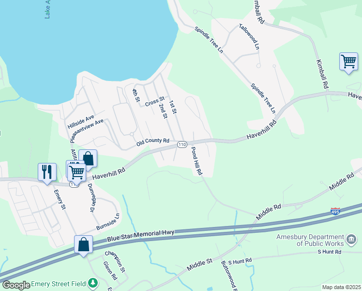 map of restaurants, bars, coffee shops, grocery stores, and more near 148 Massachusetts 110 in Amesbury