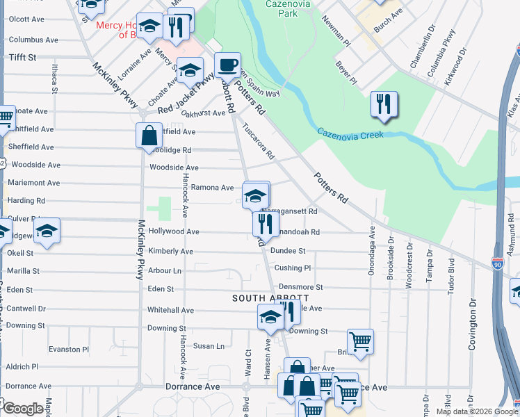 map of restaurants, bars, coffee shops, grocery stores, and more near 875 Abbott Road in Buffalo