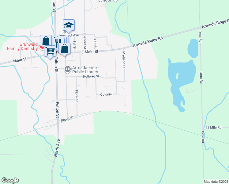 map of restaurants, bars, coffee shops, grocery stores, and more near 23771 Colonial in Armada