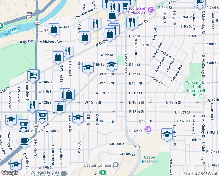 map of restaurants, bars, coffee shops, grocery stores, and more near 116-128 West 11th Street in Casper