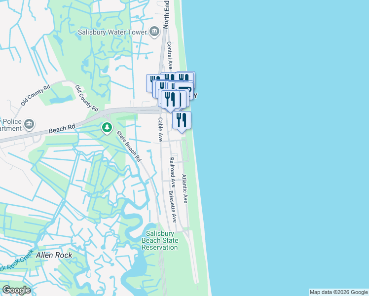 map of restaurants, bars, coffee shops, grocery stores, and more near 11 Atlantic Avenue in Salisbury