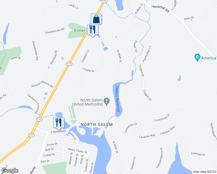 map of restaurants, bars, coffee shops, grocery stores, and more near 405 North Main Street in Salem