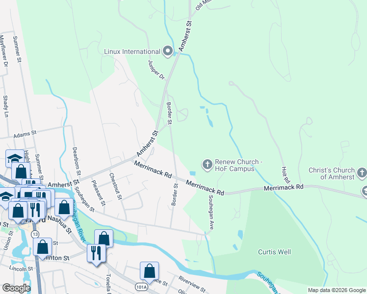 map of restaurants, bars, coffee shops, grocery stores, and more near 33 1/2 Border Street in Amherst