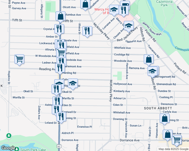map of restaurants, bars, coffee shops, grocery stores, and more near 167 Harding Road in Buffalo