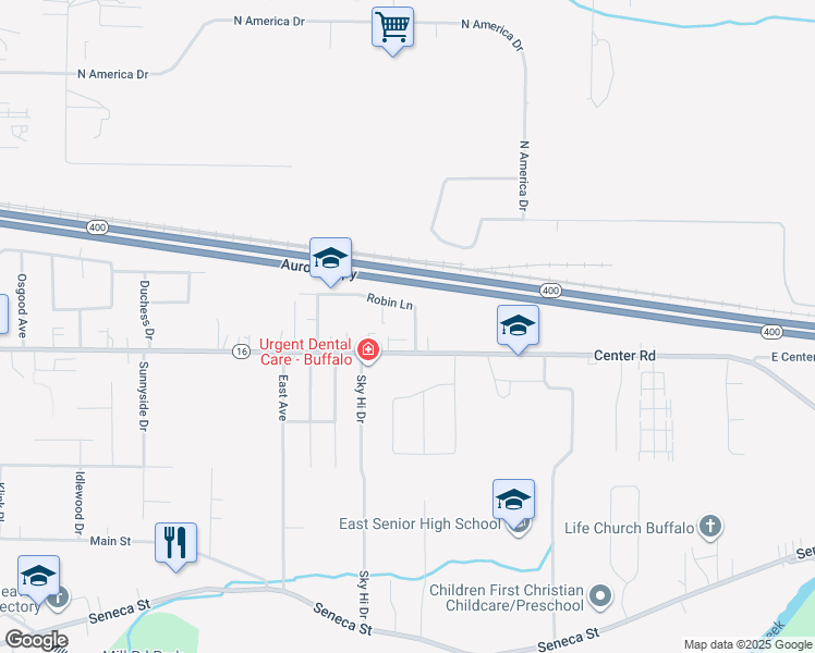 map of restaurants, bars, coffee shops, grocery stores, and more near 149 Robin Lane in Buffalo