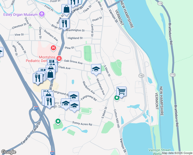 map of restaurants, bars, coffee shops, grocery stores, and more near 15 Moreland Avenue in Brattleboro