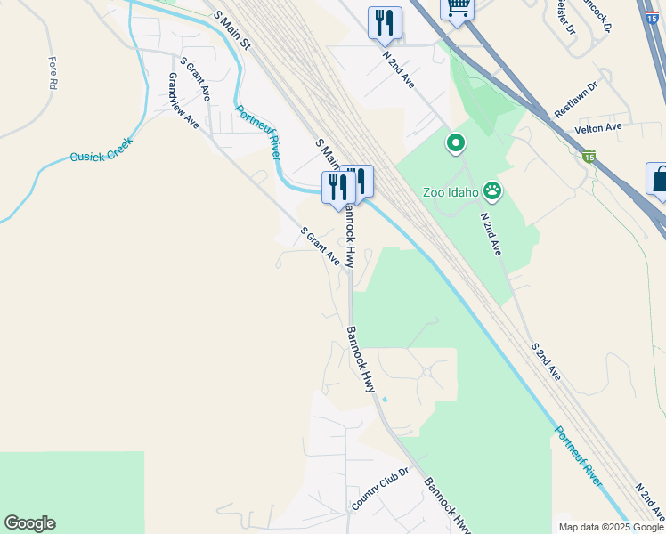 map of restaurants, bars, coffee shops, grocery stores, and more near 2715 South Grant Avenue in Pocatello