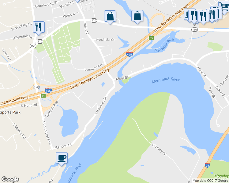 map of restaurants, bars, coffee shops, grocery stores, and more near 18 Merrimac Street in Amesbury