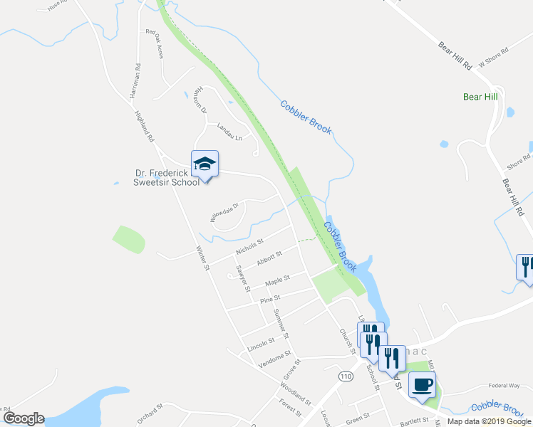 map of restaurants, bars, coffee shops, grocery stores, and more near 2 Willowdale Drive in Merrimac