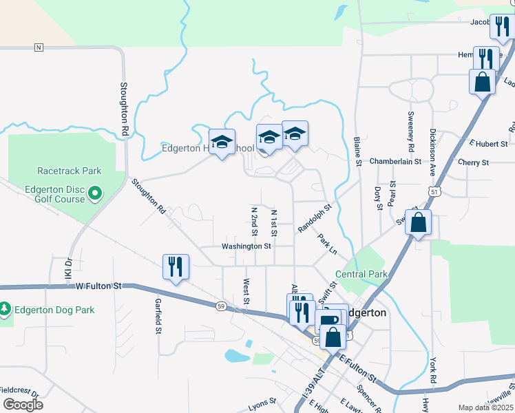 map of restaurants, bars, coffee shops, grocery stores, and more near 411 North 2nd Street in Edgerton