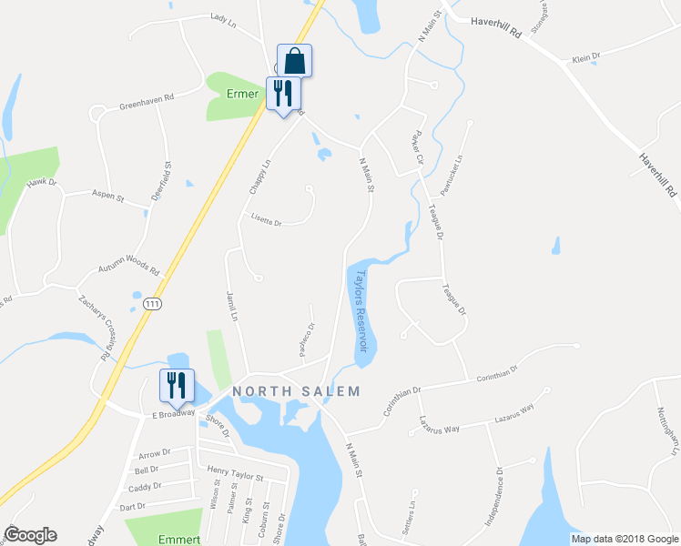 map of restaurants, bars, coffee shops, grocery stores, and more near 405 North Main Street in Salem