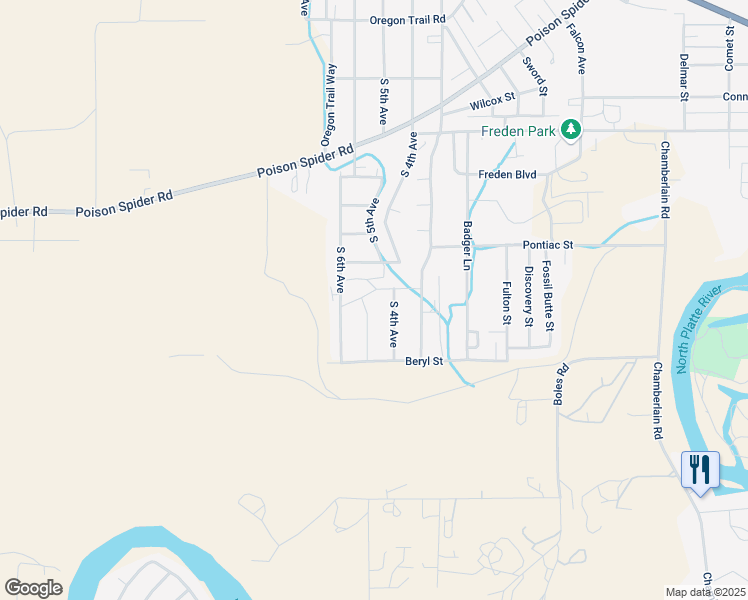 map of restaurants, bars, coffee shops, grocery stores, and more near Heritage Trail in Mills