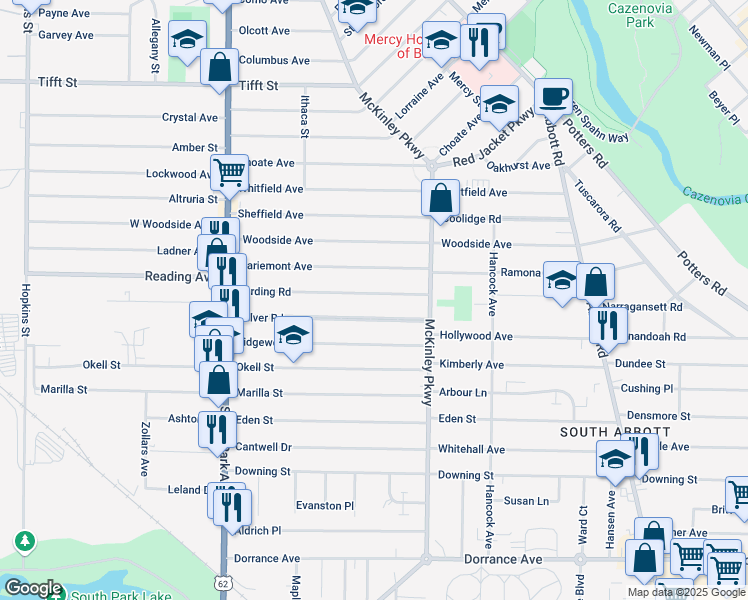 map of restaurants, bars, coffee shops, grocery stores, and more near 167 Harding Road in Buffalo