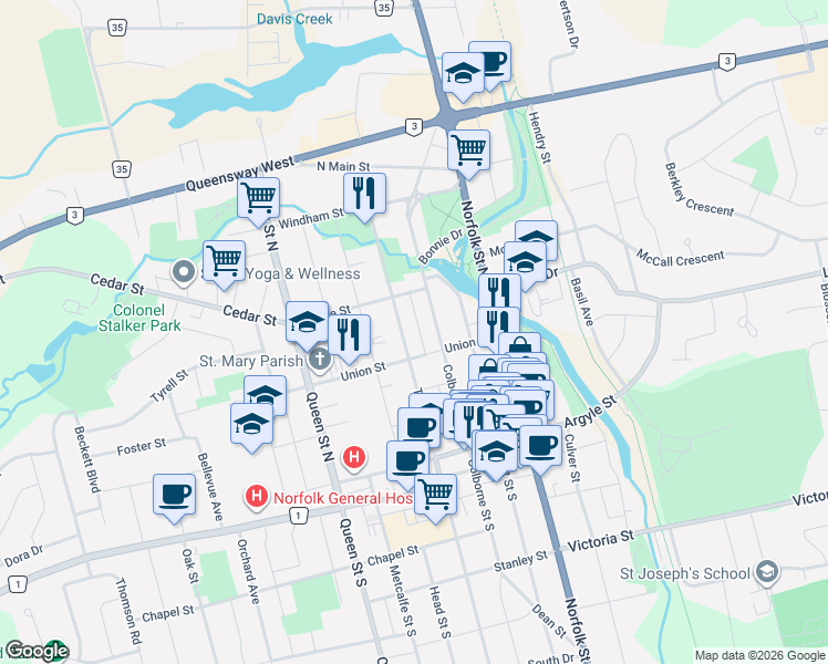map of restaurants, bars, coffee shops, grocery stores, and more near 157 Talbot Street North in Simcoe