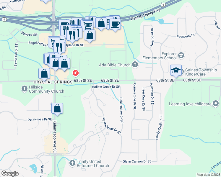 map of restaurants, bars, coffee shops, grocery stores, and more near 1910 Hollow Creek Drive Southeast in Caledonia