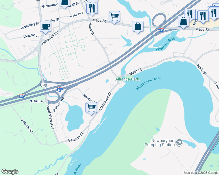 map of restaurants, bars, coffee shops, grocery stores, and more near 25 1/2 Merrimac Street in Amesbury