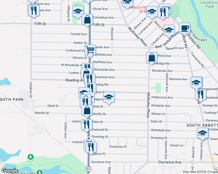 map of restaurants, bars, coffee shops, grocery stores, and more near 86 Culver Road in Buffalo