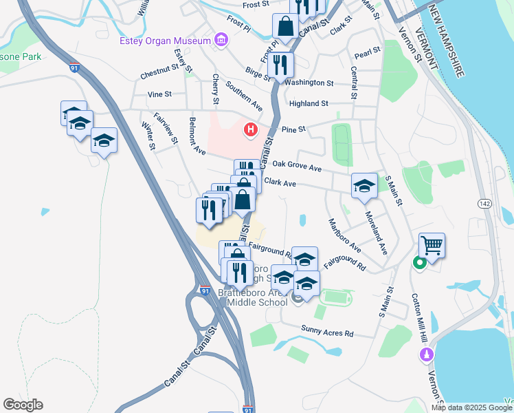 map of restaurants, bars, coffee shops, grocery stores, and more near 436 Canal Street in Brattleboro