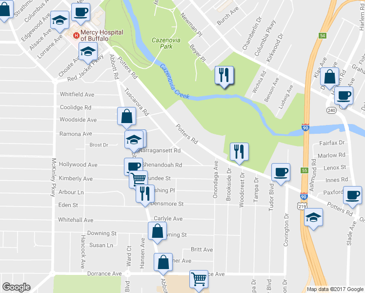 map of restaurants, bars, coffee shops, grocery stores, and more near 216 Tuscarora Road in Buffalo