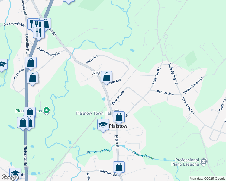 map of restaurants, bars, coffee shops, grocery stores, and more near 159 Main Street in Plaistow