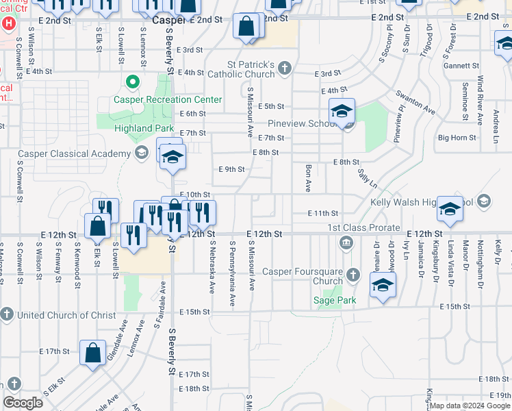 map of restaurants, bars, coffee shops, grocery stores, and more near 1035 South Missouri Avenue in Casper