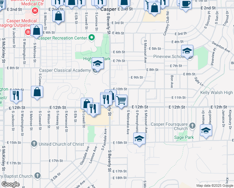 map of restaurants, bars, coffee shops, grocery stores, and more near 1033 South Beverly Street in Casper