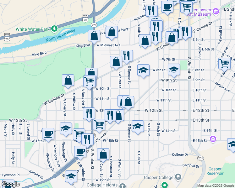 map of restaurants, bars, coffee shops, grocery stores, and more near 1036 South Walnut Street in Casper