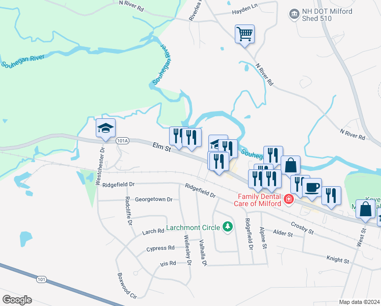 map of restaurants, bars, coffee shops, grocery stores, and more near 266 Elm Street in Milford
