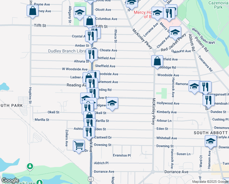 map of restaurants, bars, coffee shops, grocery stores, and more near 86 Culver Road in Buffalo