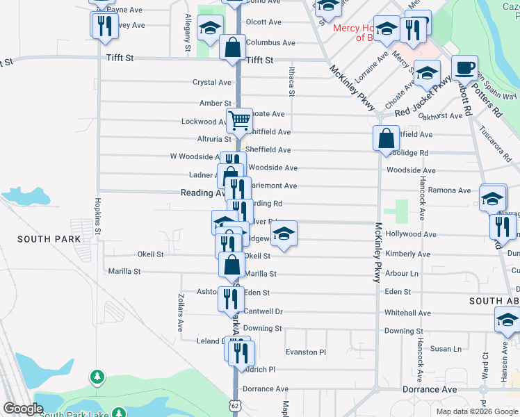 map of restaurants, bars, coffee shops, grocery stores, and more near 48 Culver Road in Buffalo