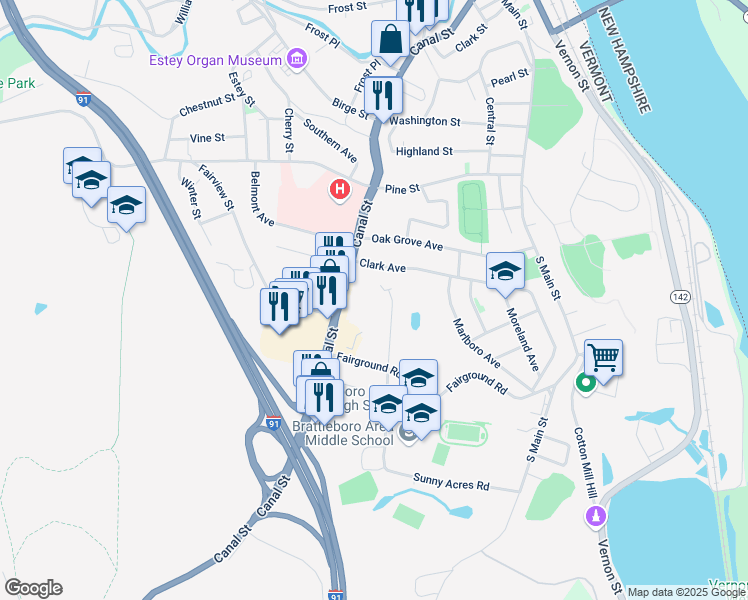 map of restaurants, bars, coffee shops, grocery stores, and more near 436 Canal Street in Brattleboro